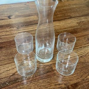 Glass wine carafe and 4 glasses